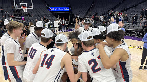 Modesto Christian boys basketball celebrates 22nd sjs title at Golden 1 by Joe Davidson 2-21-24